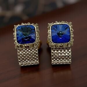 Vintage Blue Rivoli Crystal Wraparound Silver Tone Cufflinks.